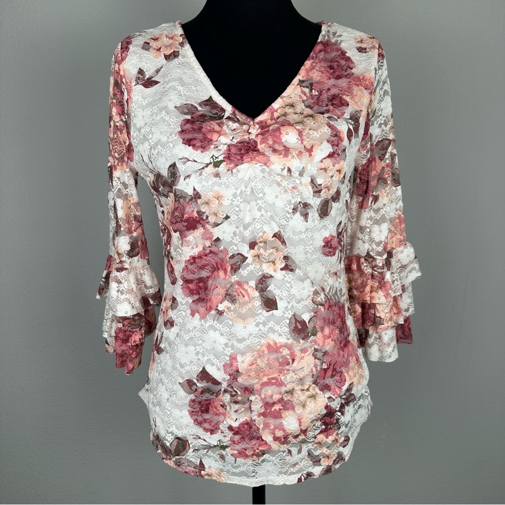 Y2K No Boundaries Lace Floral Ruffle Flare Sleeve Top Large Boho Vintage Fairy